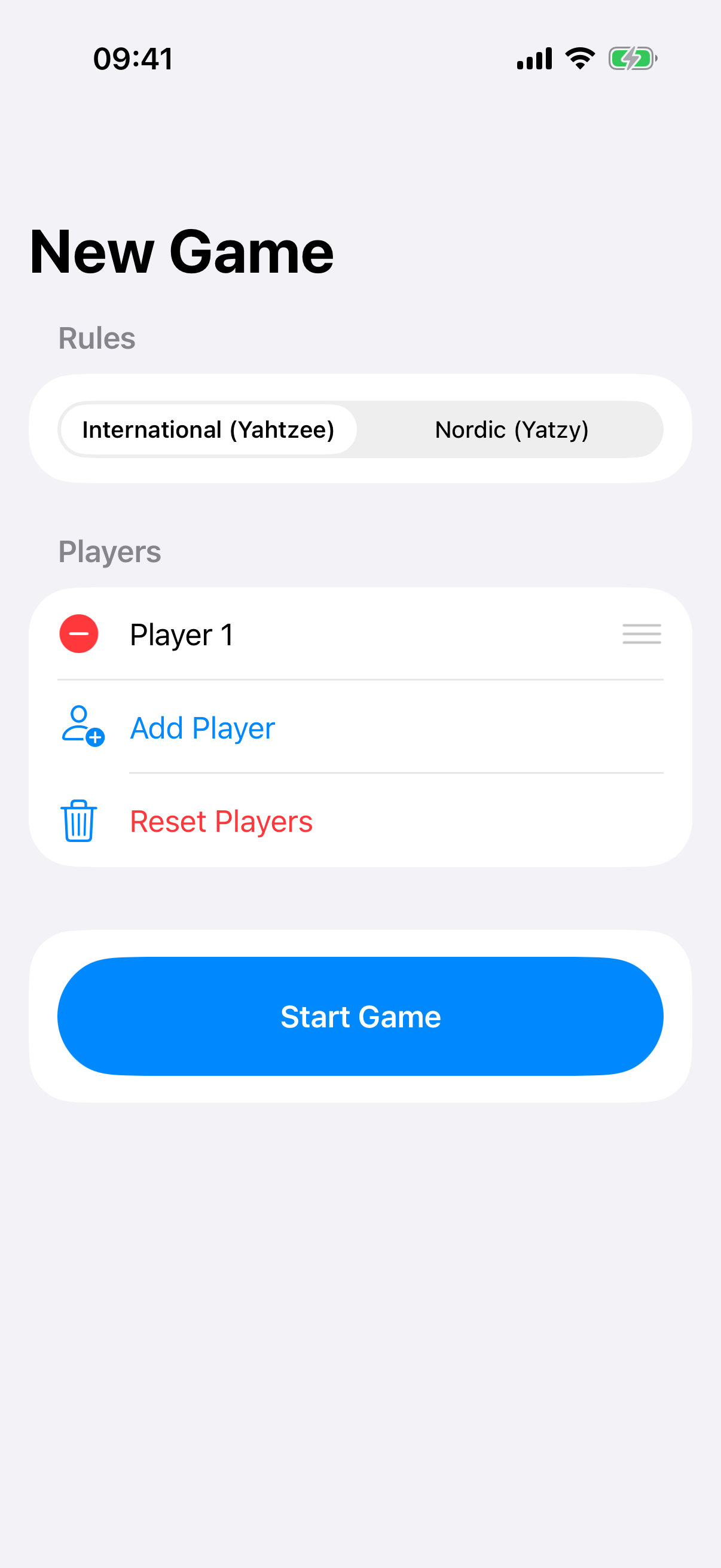 Yatzy new game setup with rule selection and player controls.
